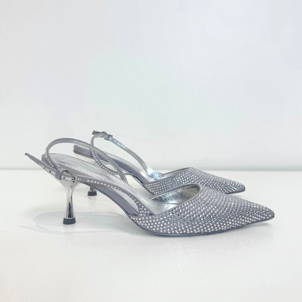 Jonathan SIMKHAI Silver Rhinestone Slingback Pumps 38 Pointed Toe Kitten Heels